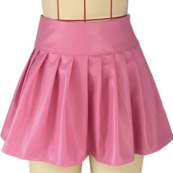 Baby pink pleather leather mini skirt pleated skirt - Picture 7 of 9